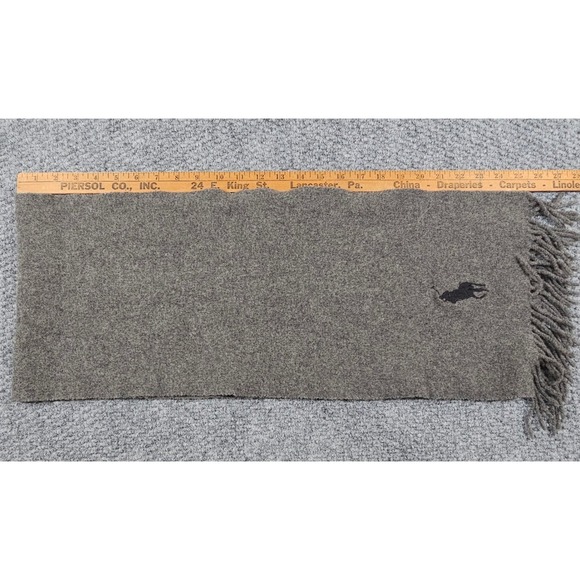 Vintage Polo Ralph Lauren Gray LambsWool Scarf Polo Player Logo Fringe - Picture 5 of 5